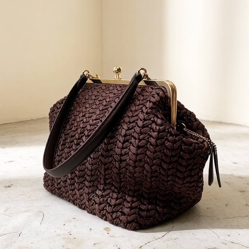 Luxury Bag Collection - 손으로 짠 키스락 프레임 숄더 라피아
