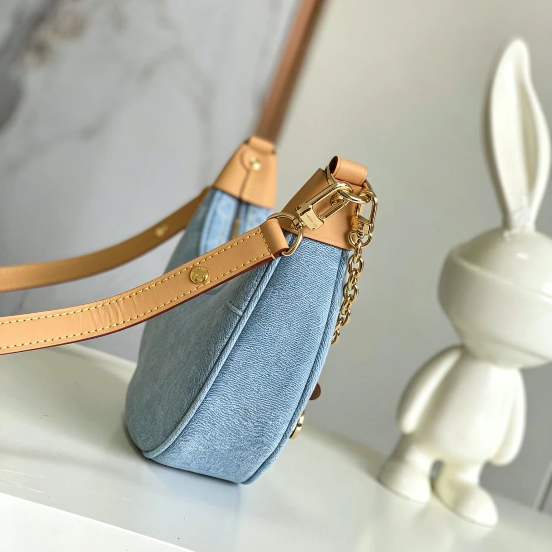 Luxury Bags Denim - 라이트 블루 자카드 데님 크레센트 호보백,